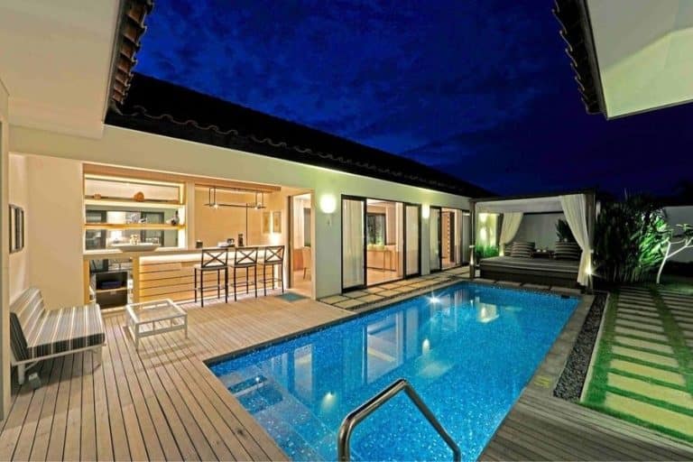 Outdoor area and pool of two bedroom villa at Pantai Indah
