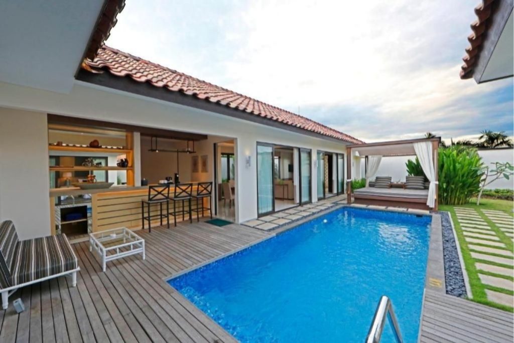 Villa terrace with direct access to private pool at Pantai Indah Lagoi Bintan