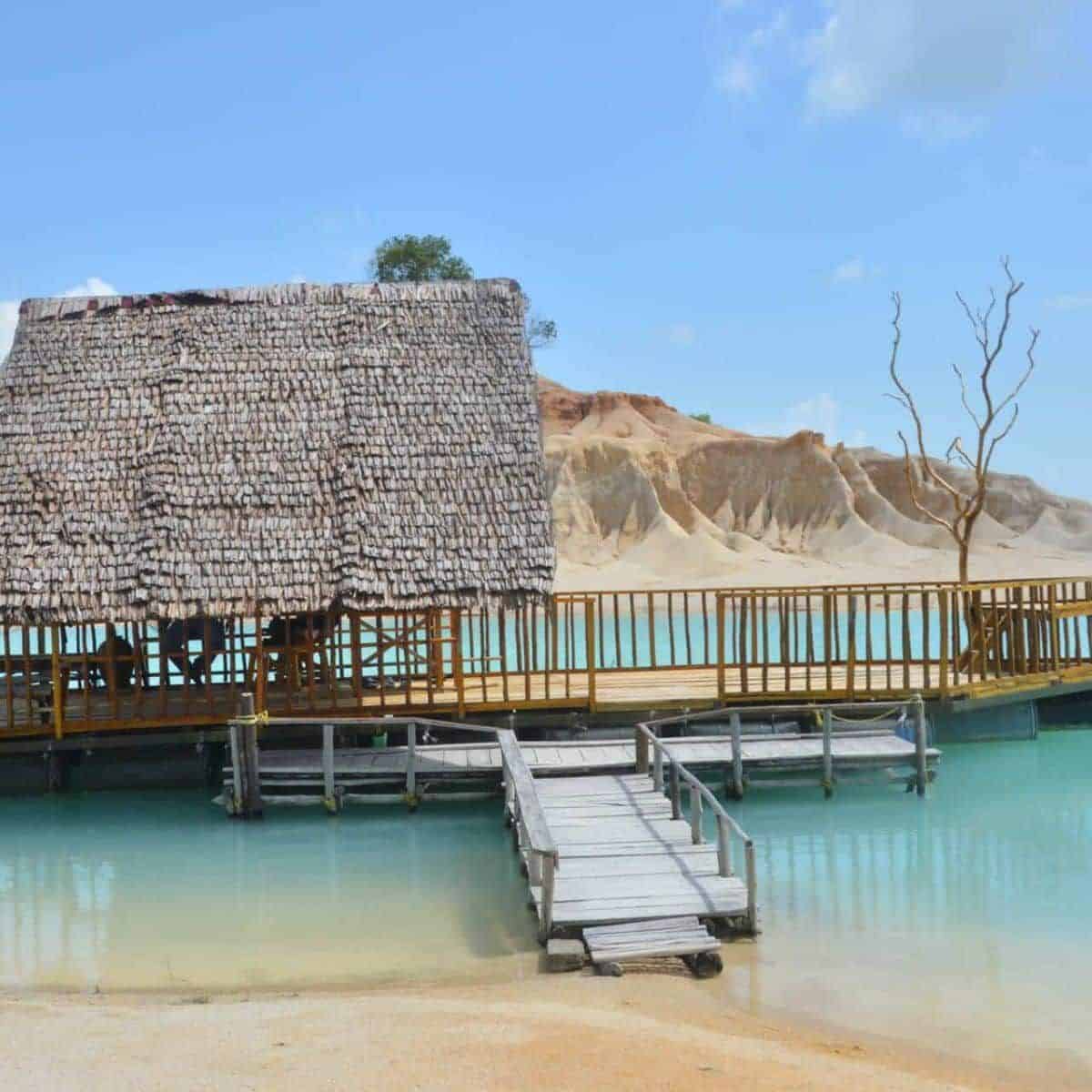Floating wooden raft at Blue Lake Bintan for photo experience
