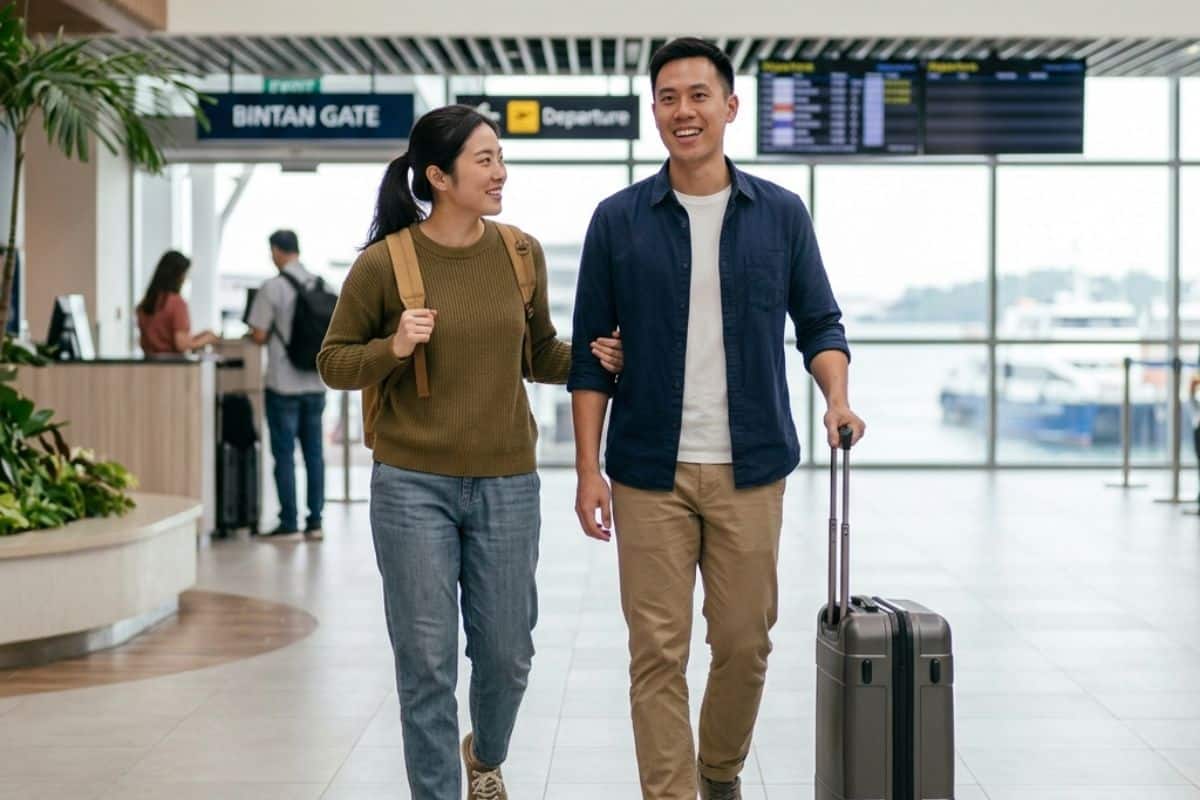 Couple at ferry terminal departure