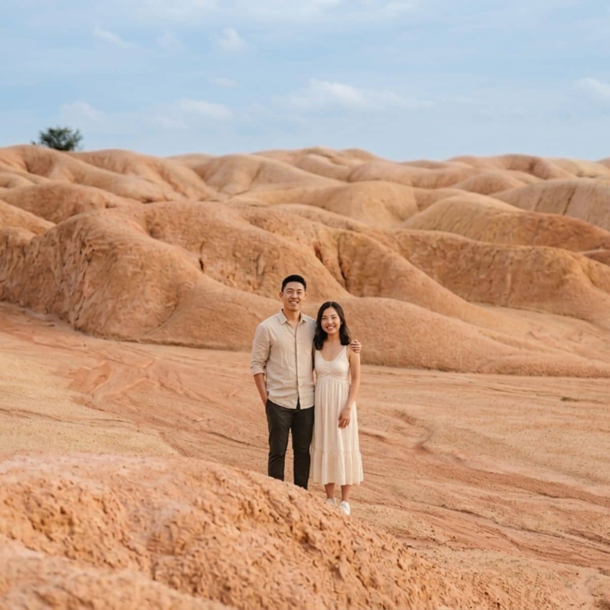 Couple taking photos with guide at Bintan Sand Dunes during private tour