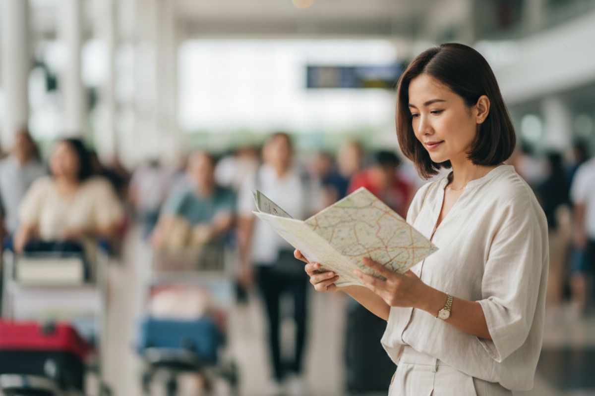 Woman standing at ferry departure hall holding a paper map while planning her Batam to Bintan day trip.