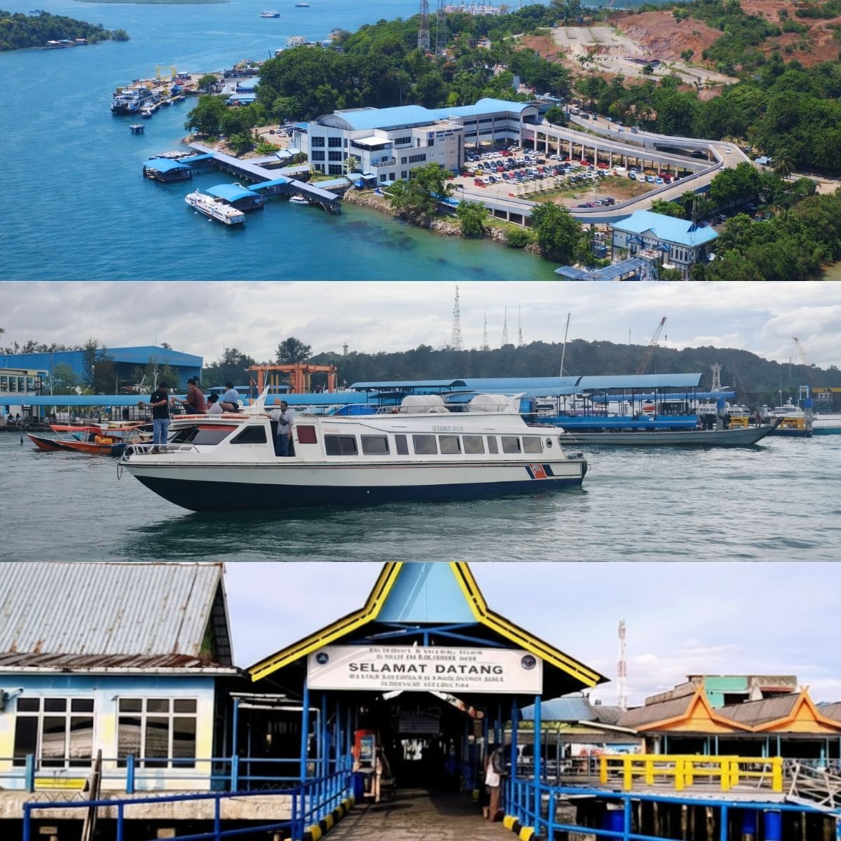 Three-frame travel sequence showing Telaga Punggur Ferry Terminal in Batam, a speed boat crossing the sea, and arrival at Tanjung Uban Port in Bintan.