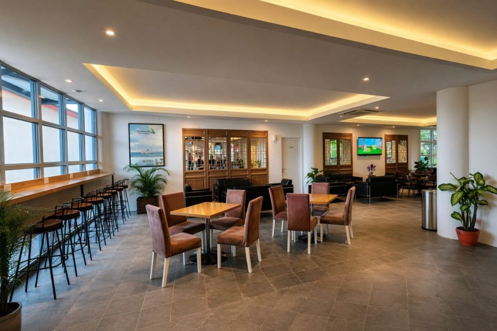 Comfortable seating area inside Emerald Lounge at BBT Ferry Terminal.