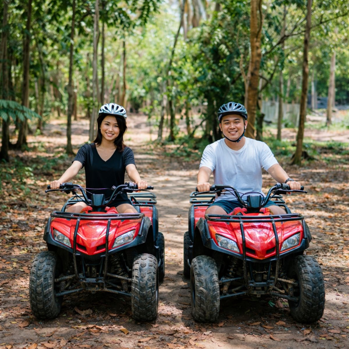 Couple preparing for ATV ride in Bintan plantation area