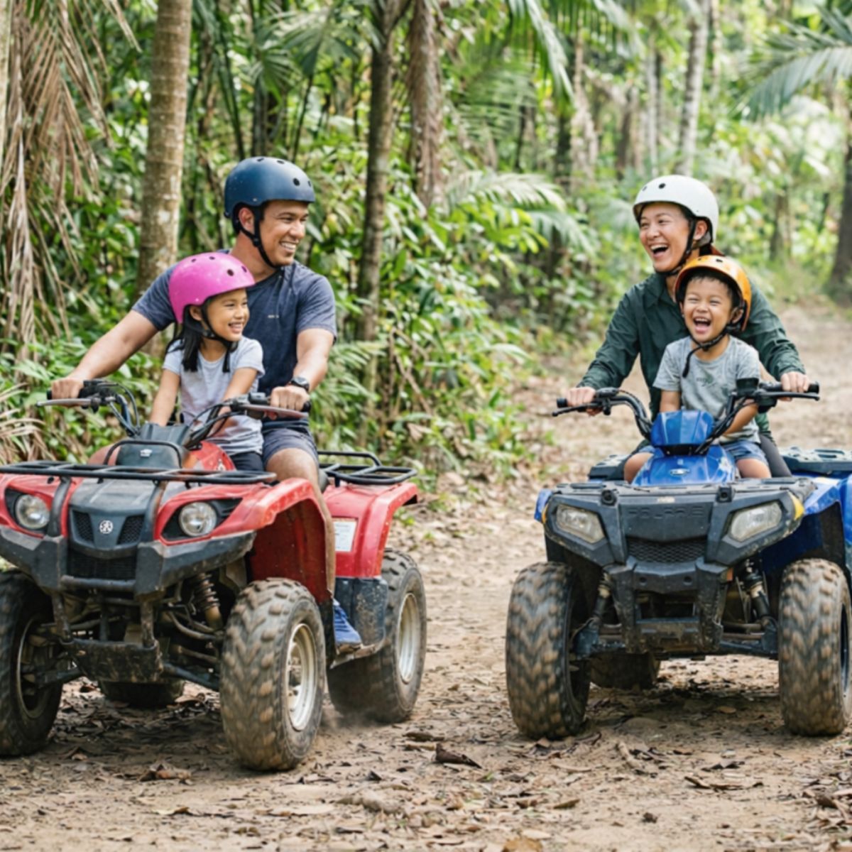 Family enjoying ATV ride in Bintan on easy off-road trail