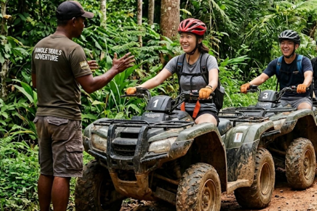 ATV guide explaining safety instructions to riders before starting in Bintan