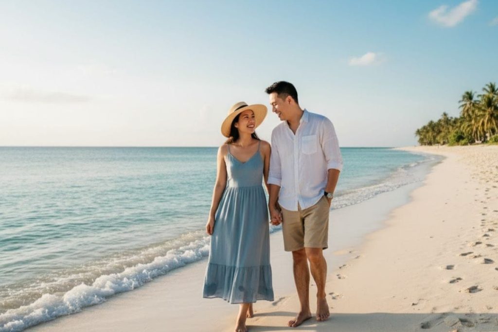 Couple walking on the beach near hotel in Bintan enjoying a relaxed arrival after ferry from Singapore