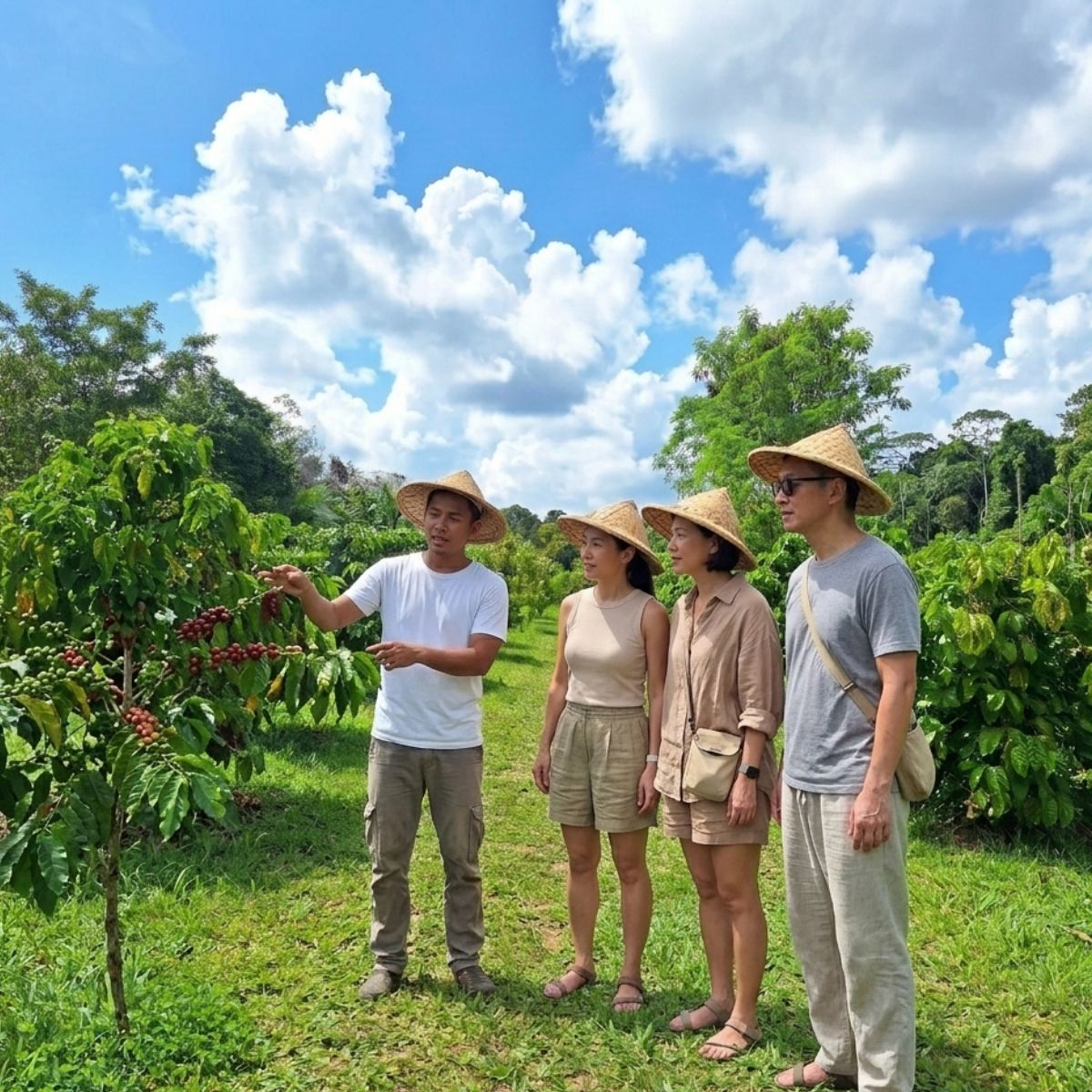 Bintan coffee plantation visit with guide explaining coffee to visitors