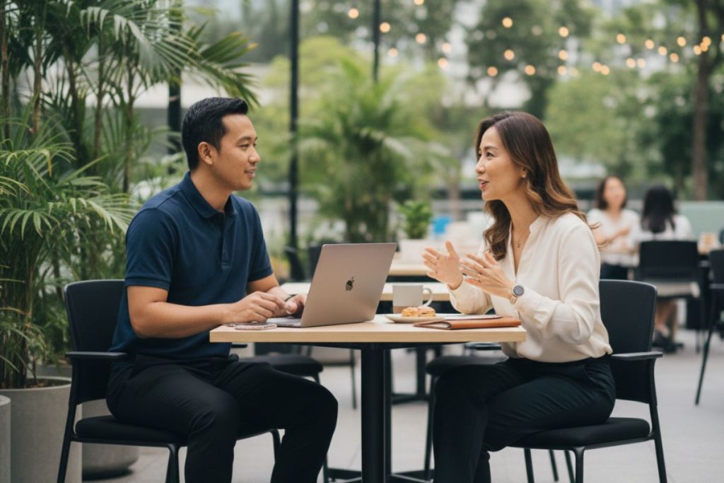 Travel specialist explaining Bintan ferry timing options to a guest at a cafe