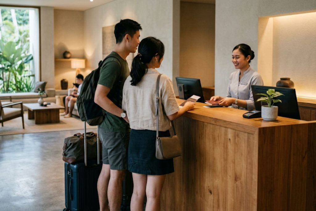 Couple checking in at hotel reception in Bintan after arriving by ferry from Singapore