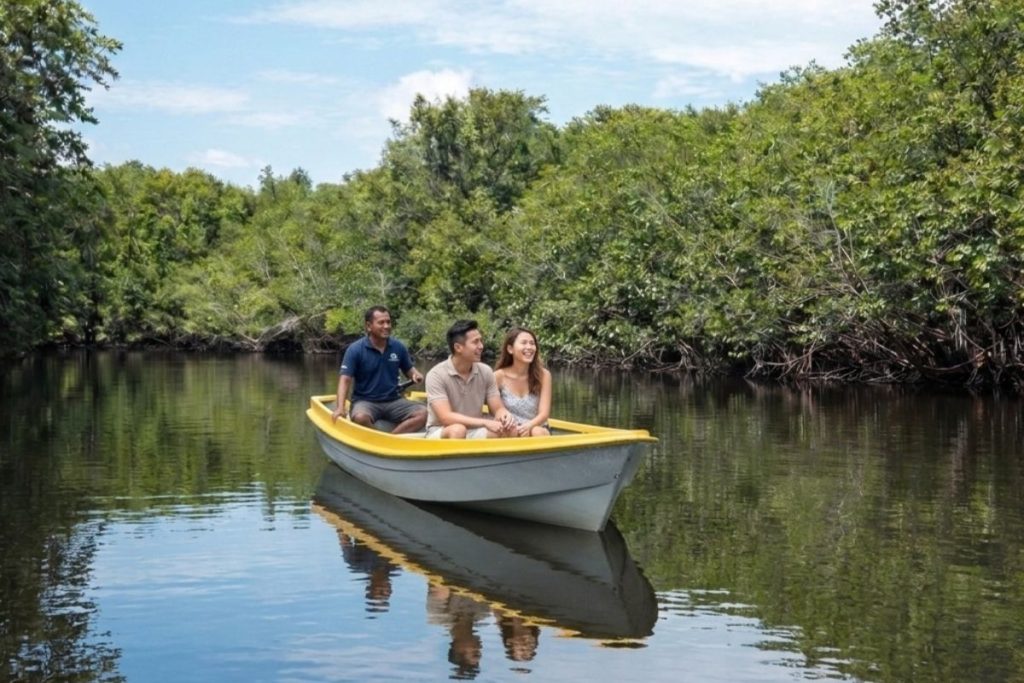 Couple on a mangrove tour boat in Bintan after pickup from ferry terminal arrival