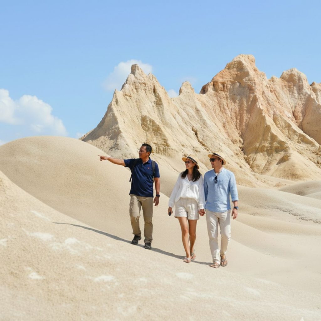 Local guide from Bintan Travel Guide (BTG) explaining Bintan Sand Dunes experience to a couple during a private day trip from Batam.