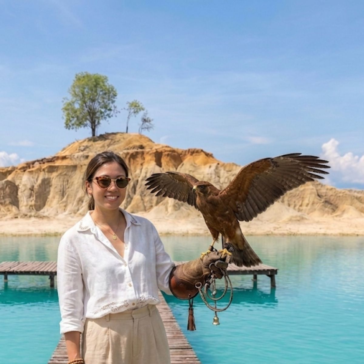 Female traveler holding eagle prop during photo session at Blue Lake Bintan