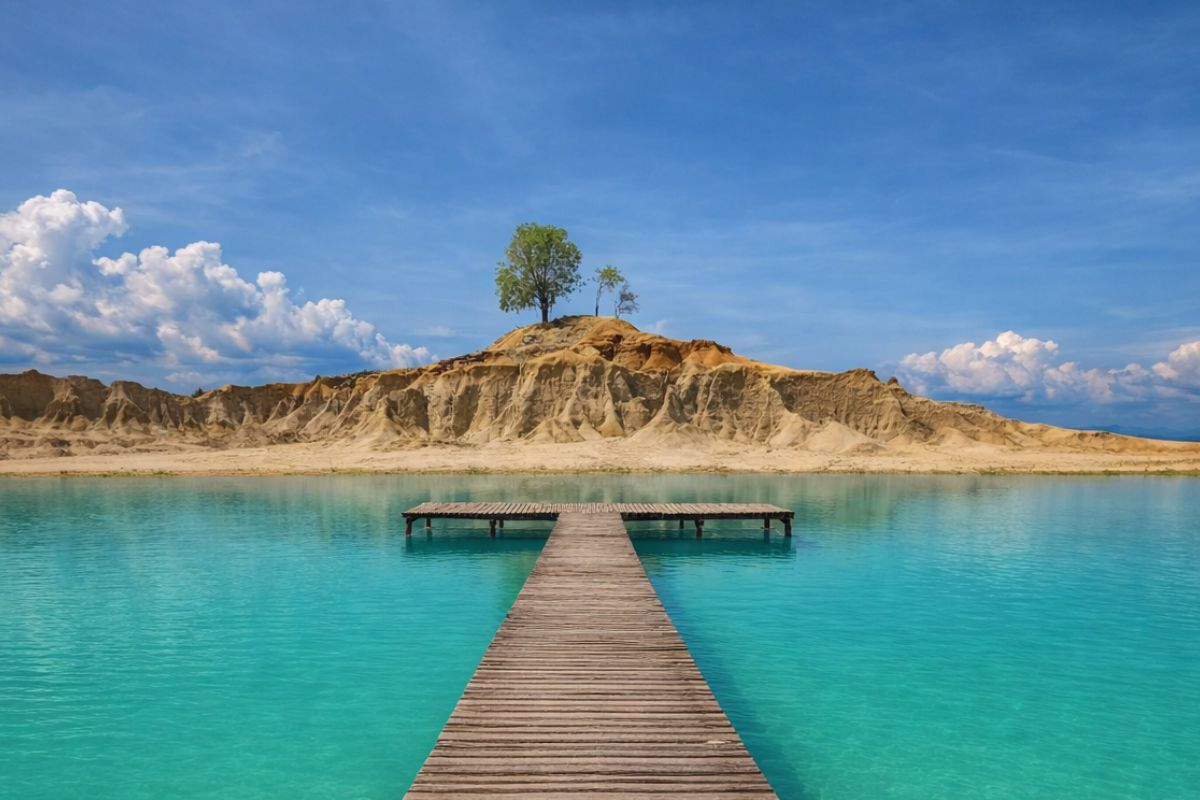 Blue Lake Bintan panoramic view with bright blue water and open landscape