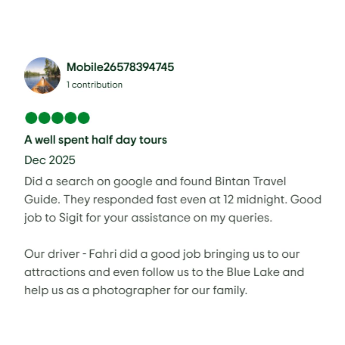 TripAdvisor guest review highlighting service quality of Bintan Travel Guide Blue Lake tour