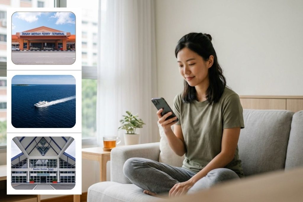 Woman checking Bintan ferry schedule from Singapore on her smartphone before travel
