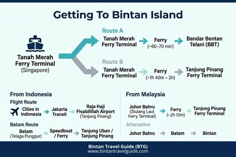 Infographic showing how to get to Bintan Island with ferry routes from Singapore and Malaysia, plus flight and ferry access from Indonesia including Batam and Tanjung Pinang