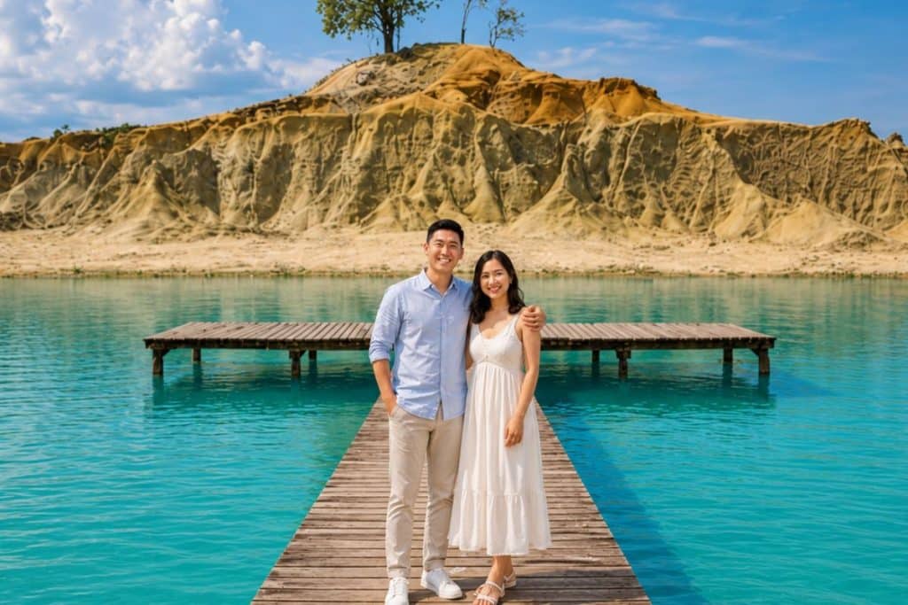 Couple taking professional photos at Blue Lake Bintan with turquoise water in the background.